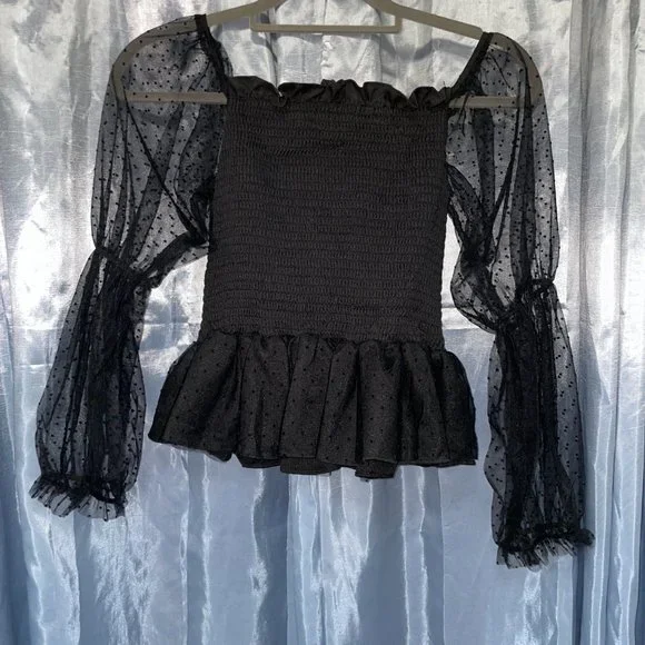 SHEIN Black Dobby Mesh Sleeve Shirred Bardot Peplum Top Polka Dot - Sz L - Picture 2 of 5